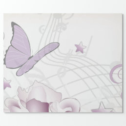 Lavender Vintage Flower, Butterfly, Music, Clocks Wrapping Paper