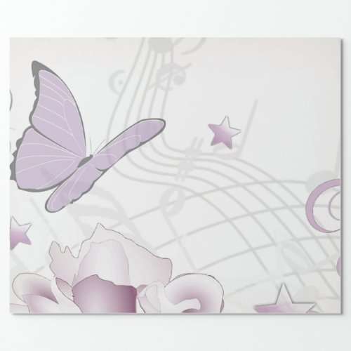 Lavender Vintage Flower Butterfly Music Clocks Wrapping Paper