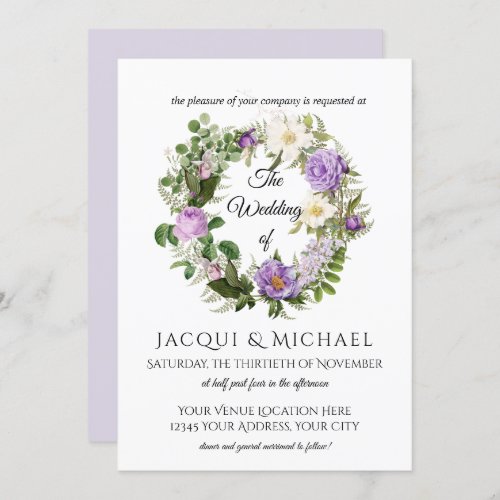 Lavender Vintage Ivory Roses w Fern Wreath Wedding Invitation