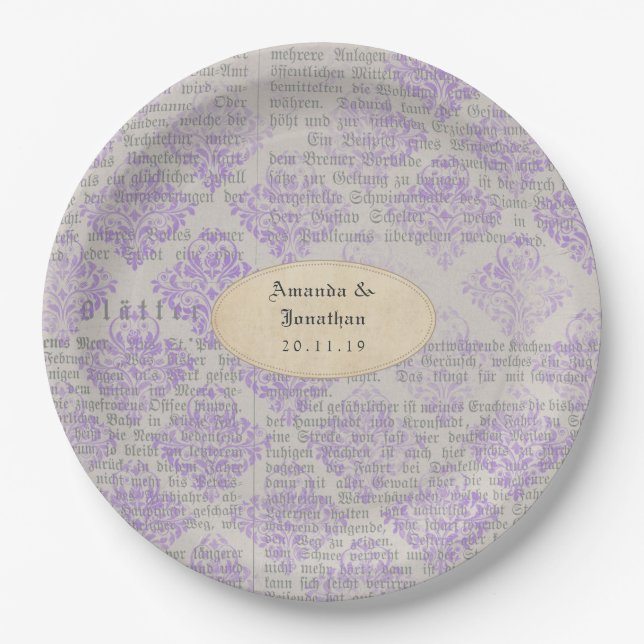 Lavender Vintage Newspaper Wedding Paper Plates (Front)