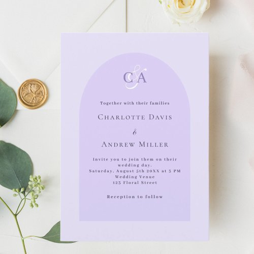 Lavender violet arch monogram luxury wedding invitation