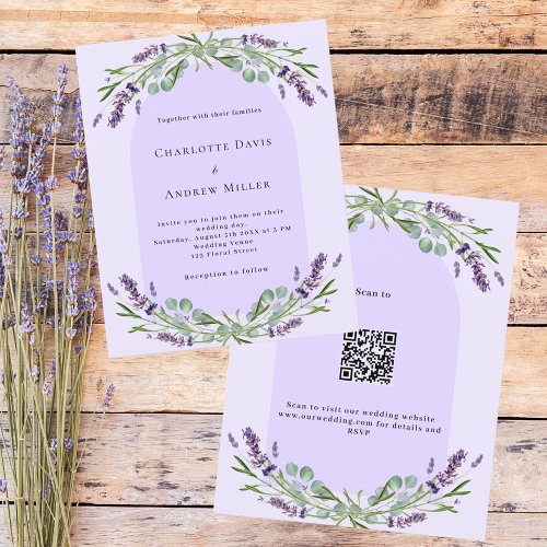 Lavender violet arch QR budget wedding invitation