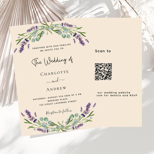 Lavender violet beige QR code RSVP luxury wedding  Invitation