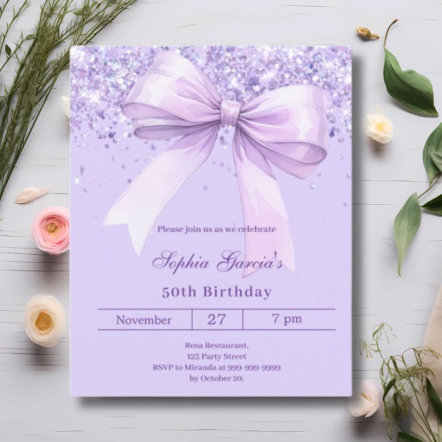 Lavender violet bow birthday invitation (Creator Uploaded)