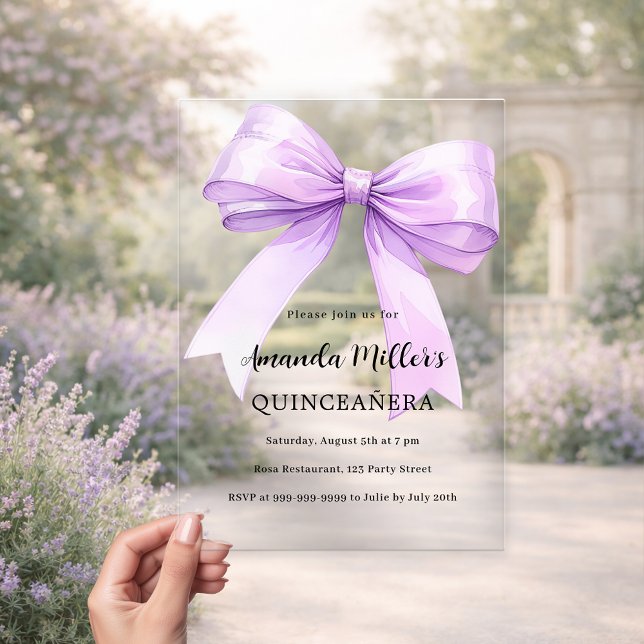 Lavender violet bow clear Quinceanera Acrylic Invitations (Creator Uploaded)