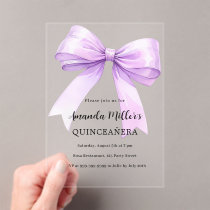 Lavender violet bow clear Quinceanera Acrylic Invitations