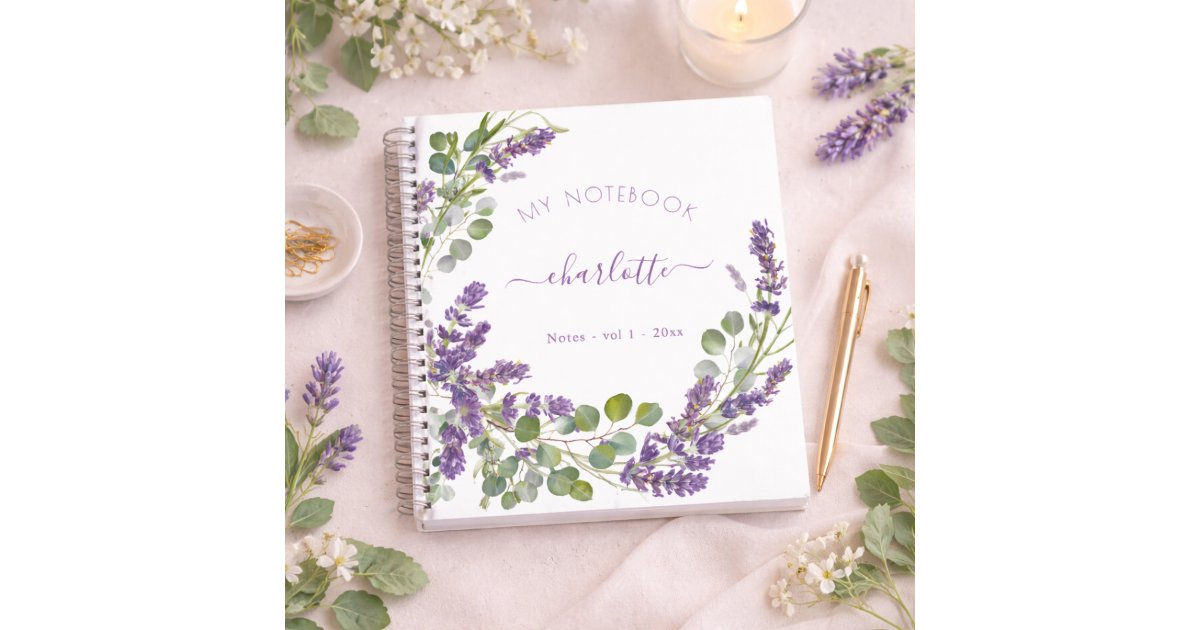 Lavender violet eucalyptus floral script notebook | Zazzle