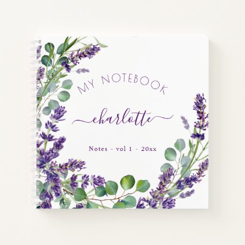 Lavender violet eucalyptus floral script notebook