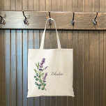 Lavender violet eucalyptus greenery flowers name tote bag<br><div class="desc">White background,  decorated with lavender flowers and eucalyptus greenery.
Personalize  and add your name. Black letters.</div>