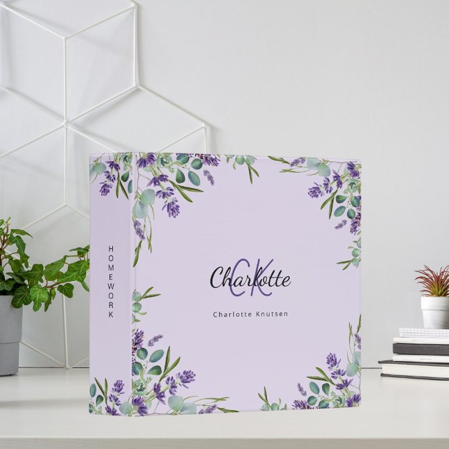 Lavender violet eucalyptus greenery monogram 3 ring binder (Creator Uploaded)