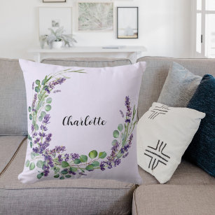 Lavender violet eucalyptus greenery name script throw pillow