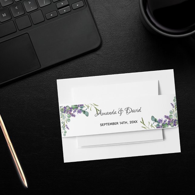 Lavender violet eucalyptus greenery names wedding invitation belly band (Creator Uploaded)