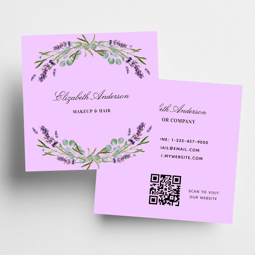 Lavender violet eucalyptus greenery QR code Square Business Card
