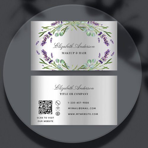 Lavender violet eucalyptus greenery silver QR code Business Card