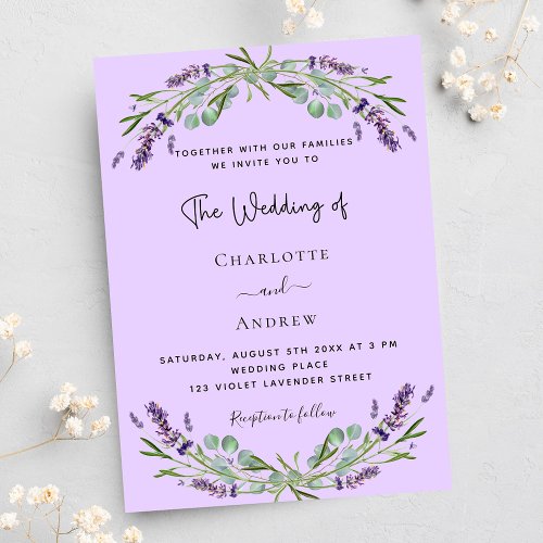 Lavender violet eucalyptus greenery wedding invitation postcard