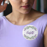 Lavender violet eucalyptus name script button<br><div class="desc">A chic white background. Decorated with lavender,  violet florals flowers and watercolored eucalyptus greenery. Personalize and add a name.</div>