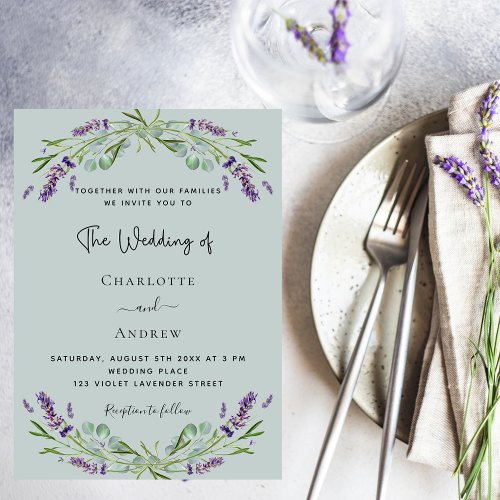 Lavender violet eucalyptus sage green wedding  invitation