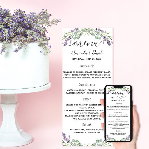 Lavender violet eucalyptus wedding menu card