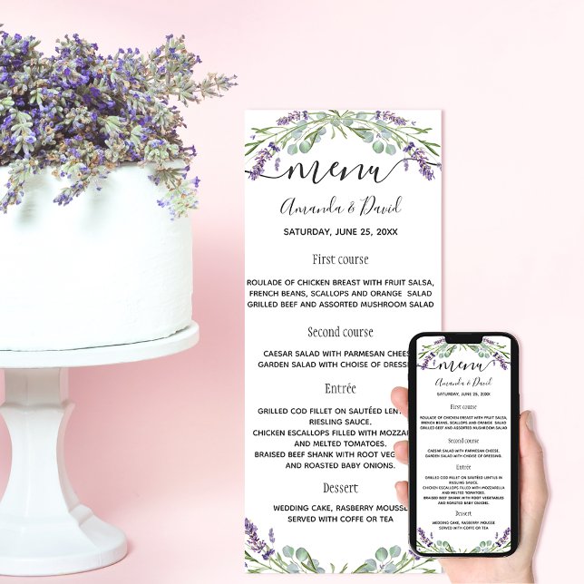 Lavender violet eucalyptus wedding menu card (Creator Uploaded)