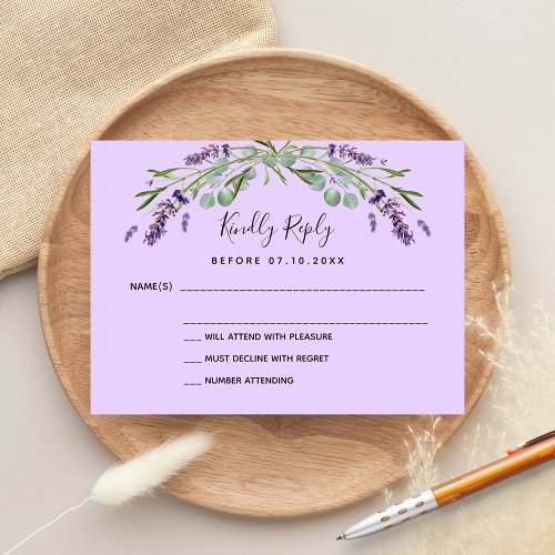 Lavender violet eucalyptus wedding response RSVP Note Card