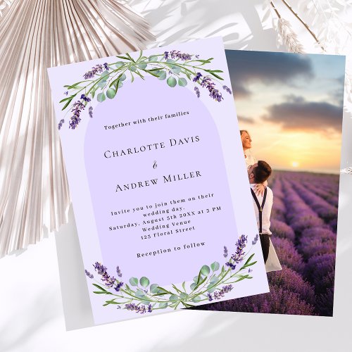 Lavender violet floral arch photo luxury wedding invitation