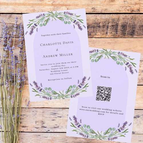 Lavender violet floral arch QR code RSVP wedding Invitation