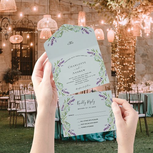 Lavender violet floral eucalyptus sage wedding all in one invitation