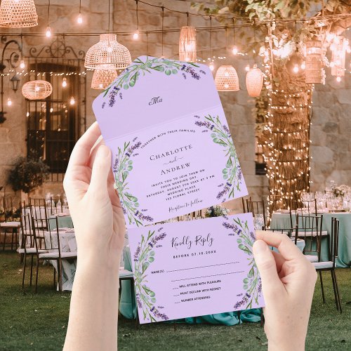 Lavender violet floral eucalyptus wedding all in one invitation