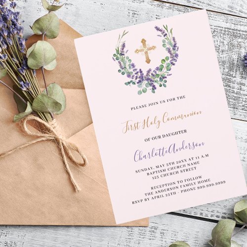 Lavender violet floral girl First Communion Invitation