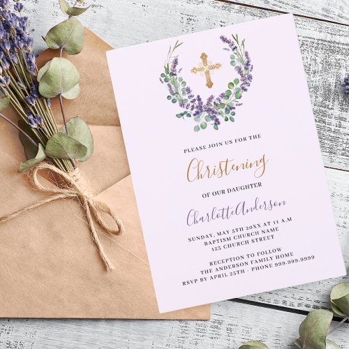 Lavender violet floral girl gold cross Christening Invitation