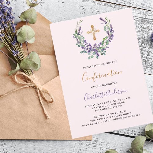 Lavender violet floral greenery cross Confirmation Invitation