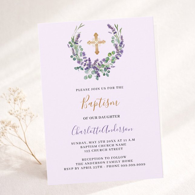 Lavender violet floral greenery girl cross Baptism Invitation (Creator Uploaded)