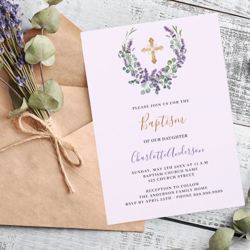 Lavender violet floral greenery girl cross Baptism Invitation
