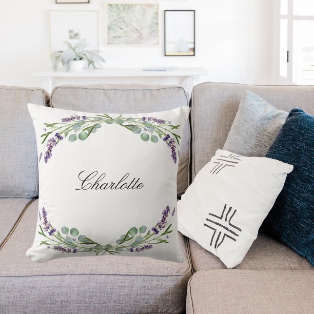Lavender violet floral greenery name script white throw pillow (Creator Uploaded)