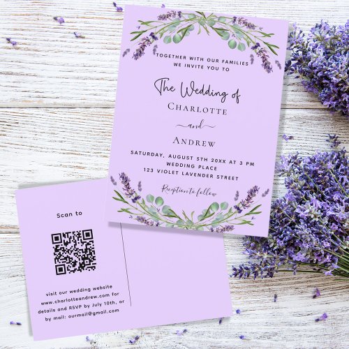 Lavender violet floral greenery QR_code wedding Invitation Postcard