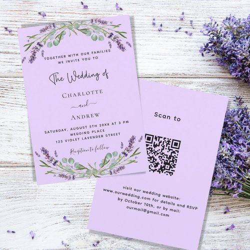 Lavender violet floral greenery QR luxury wedding  Invitation