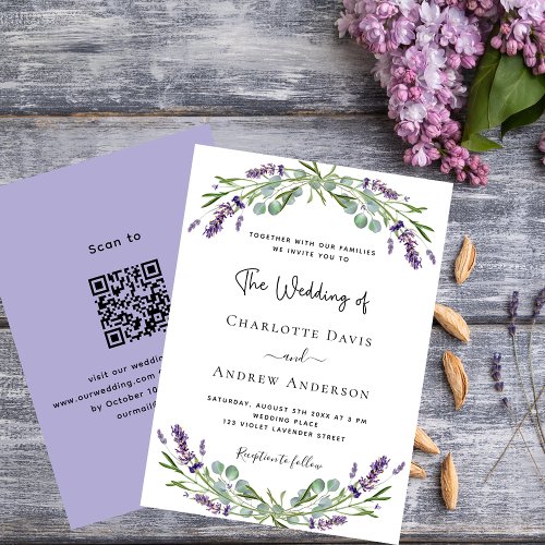Lavender violet floral QR code RSVP luxury wedding Invitation