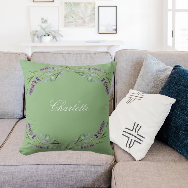 Lavender violet floral sage green name throw pillow (Creator Uploaded)