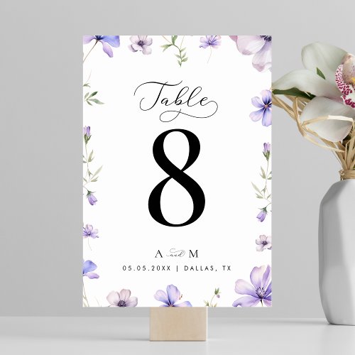Lavender Violet Floral Script Monogram Wedding Table Number