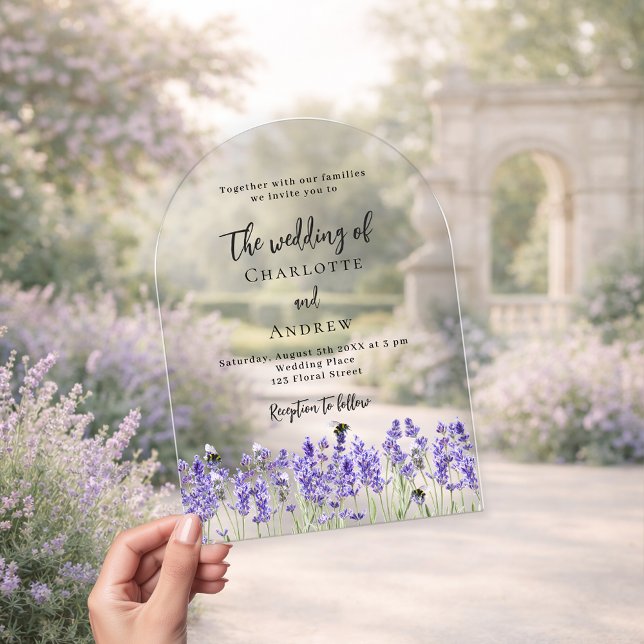 Lavender violet florals arch clear wedding acrylic invitations (Creator Uploaded)