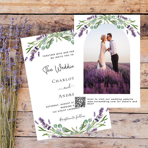 Lavender violet florals arch photo QR RSVP wedding Invitation
