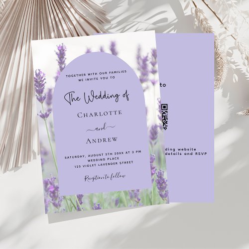Lavender violet florals arch QR code RSVP wedding Invitation