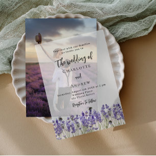 Lavender violet florals bees wedding vellum invitations