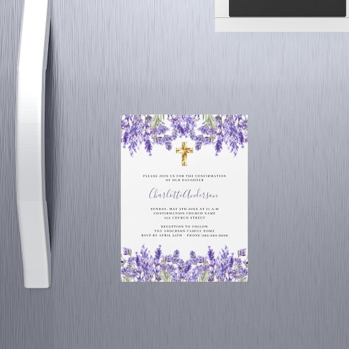 Lavender violet florals cross luxury Confirmation Magnetic Invitation