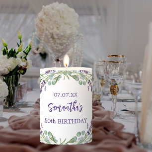 Lavender violet florals eucalyptus birthday pillar candle