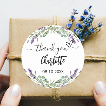 Lavender Violet Florals Eucalyptus Thank You Classic Round Sticker by Thunes at Zazzle