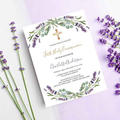 Lavender violet florals First Communion Invitation Postcard