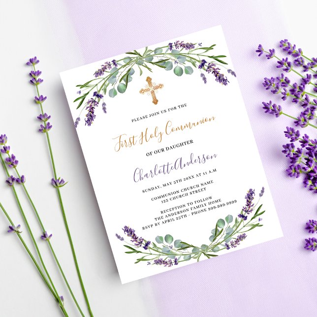 Lavender violet florals First Communion Invitation Postcard (Creator Uploaded)