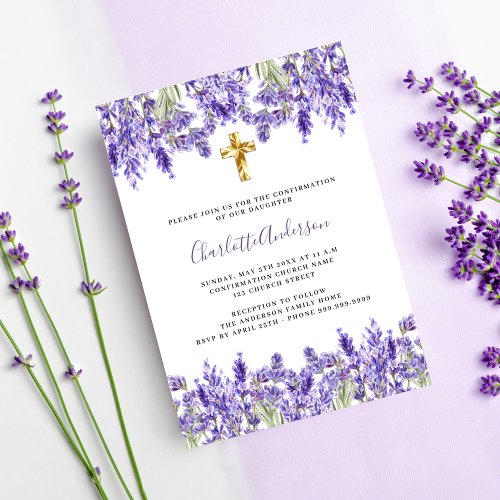 Lavender violet florals gold cross Confirmation Invitation