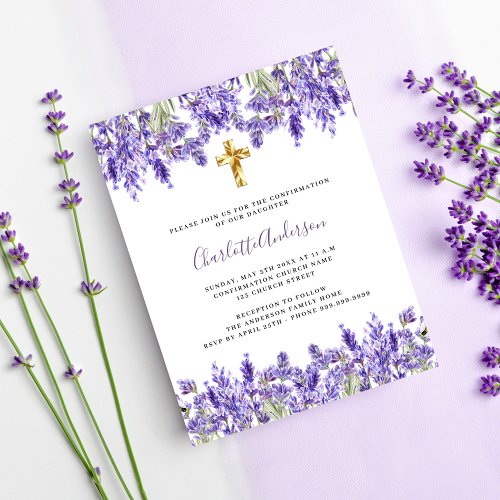Lavender violet florals gold cross Confirmation Invitation Postcard